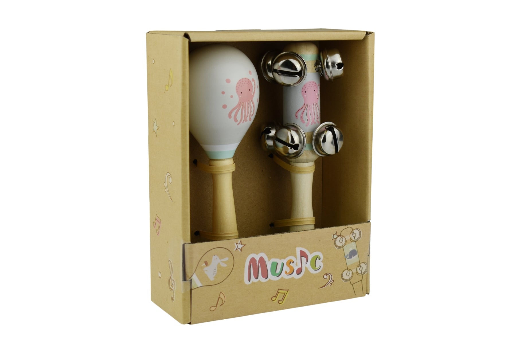 Octopus Wooden Maraca & Bell Stick 2Pc Music Set - Kids Mega Mart