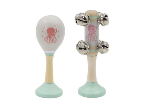 Colorful octopus design maraca and bell stick set for musical fun at home for kids.