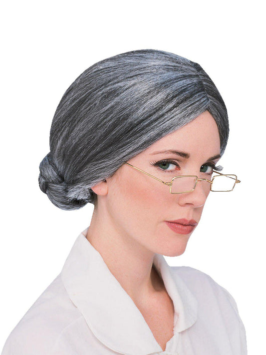 Grey bun wig for adults, ideal costume accessory for childrens dress-up playtime.