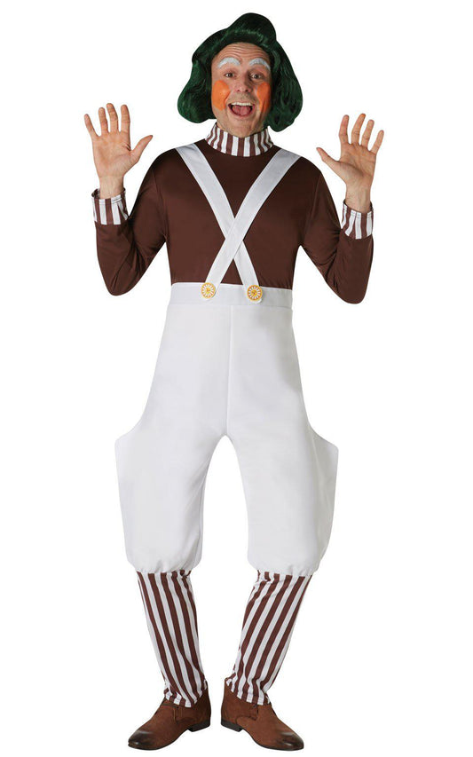 Adult Willy Wonka Oompa Loompa Costume with Socks for home dress-up play.