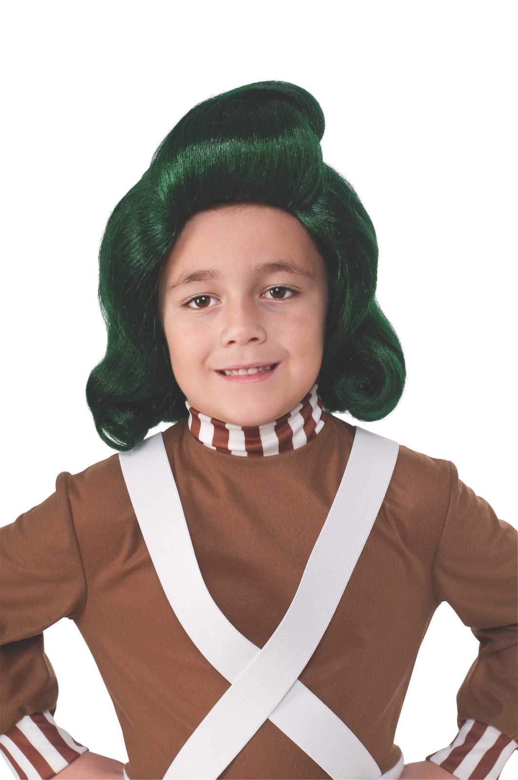 Green Oompa Loompa child wig from Willy Wonka, perfect for dress-up fun at home.
