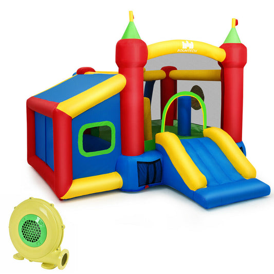 Kids inflatable bounce house with blower and balls, perfect for active indoor playtime fun.