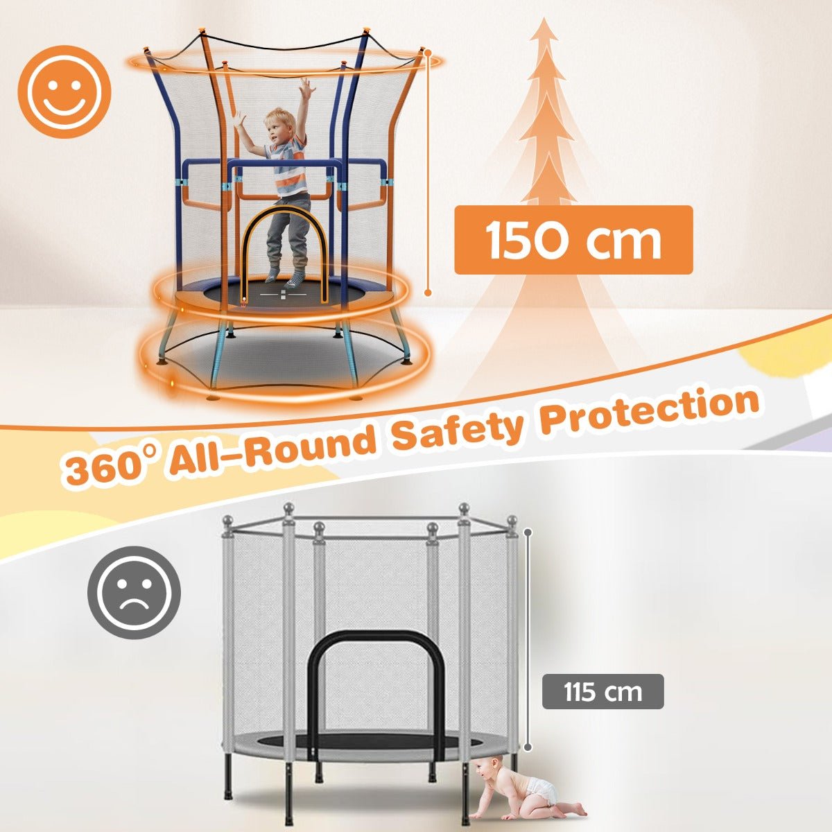 Kids mini trampoline with safety net for indoor fun and exercise | 150cm enclosure.