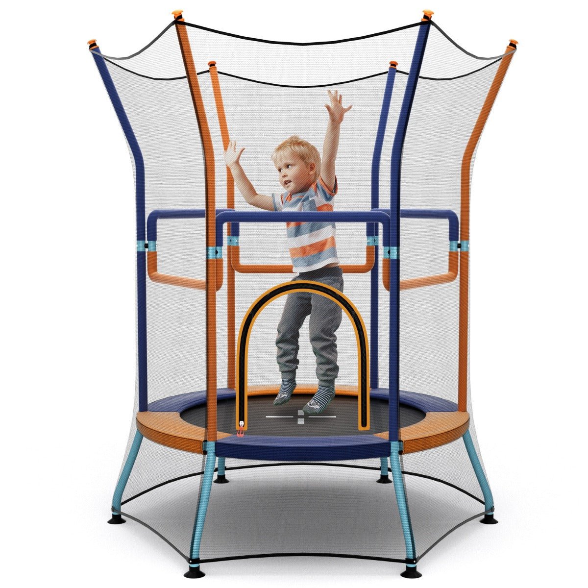 Orange Blue Kids Mini Trampoline with Safety Net, 150cm Enclosure for safe, fun jumping.