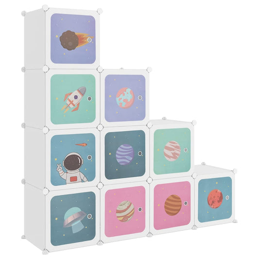 Space-themed 10-cube storage cabinet in white, ideal for organizing kids toys and belongings.