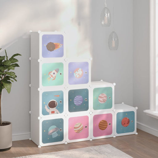 White space-themed 10-cube kids storage cabinet, ideal for organizing toys and books.