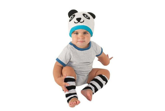 Adorable baby panda costume set with cozy beanie and leg warmers for playful home fun.