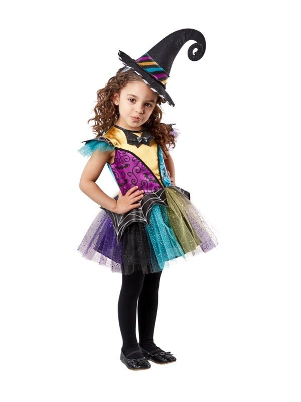 Colorful kids witch costume with patchwork design, perfect for Halloween dress-up at home.