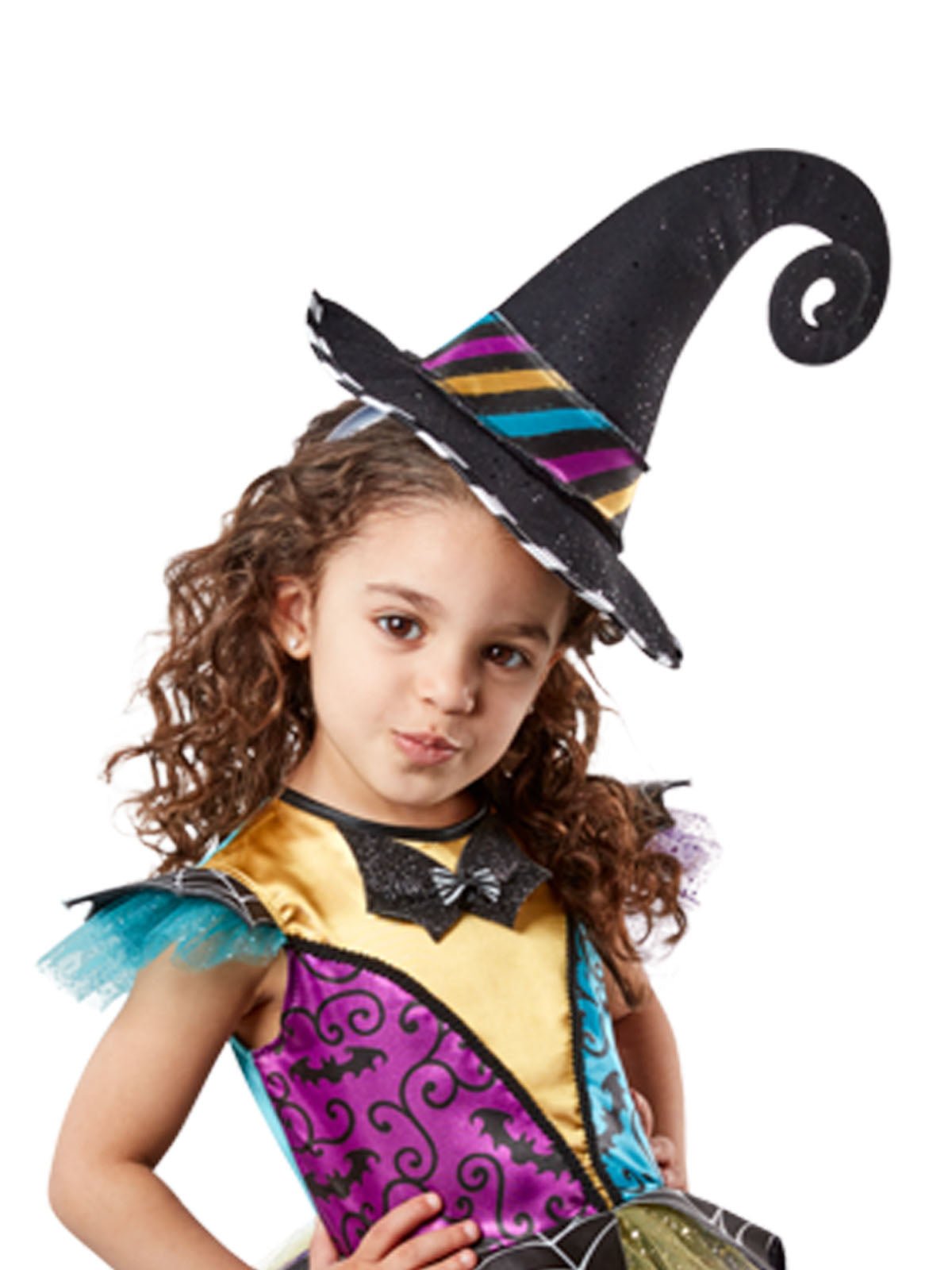 Colorful patchwork witch costume for kids perfect for Halloween dress-up at home.