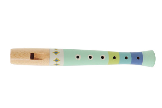 Colorful green wooden recorder piccolo with playful pattern, perfect for childrens musical exploration at home.