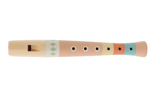 Colorful wooden recorder piccolo in vibrant orange with playful pattern design, perfect for children.