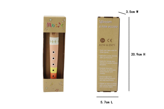 Colorful orange wooden recorder piccolo with playful pattern design for childrens music learning.