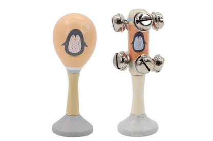 Wooden penguin maraca and bell stick set for kids musical play at home.