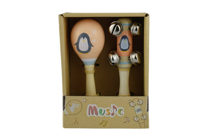 Colorful penguin-themed wooden maraca and bell stick music set for kids musical play.