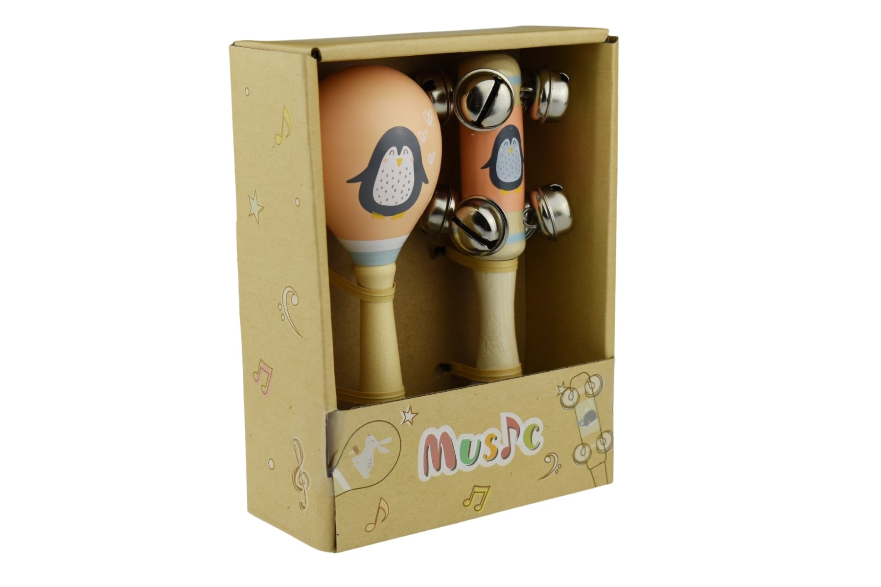 Penguin Wooden Maraca & Bell Stick 2Pc Music Set - Kids Mega Mart