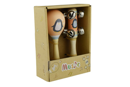 Colorful penguin-themed wooden maraca and bell stick set for kids musical play at home.