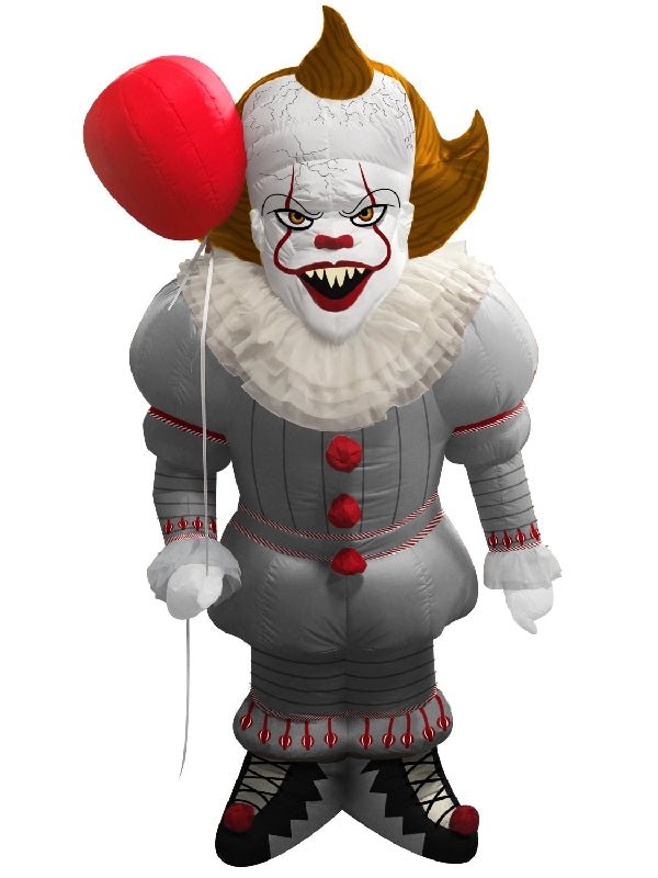 Colorful Pennywise inflatable Halloween lawn prop for fun, spooky decor in childrens outdoor play area.