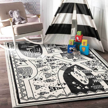 Petit Camping Adventures kid rug in black and white, ideal for playrooms and bedrooms.