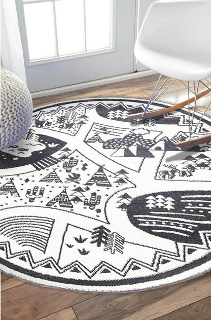 Petit Camping Adventures Kid Rug in Black and White design for playful home decor.