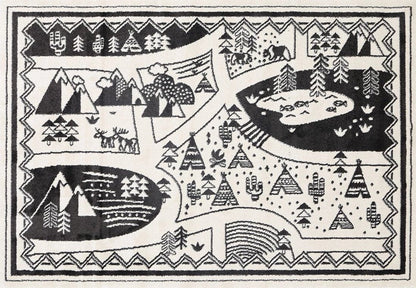 Petit Camping Adventures kid rug in black and white, perfect for playful bedroom decor.