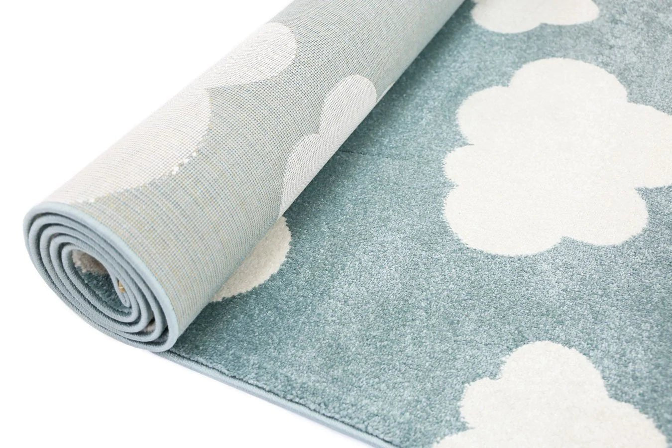 Kid rug with aqua and white clouds design, perfect for creating a playful atmosphere.