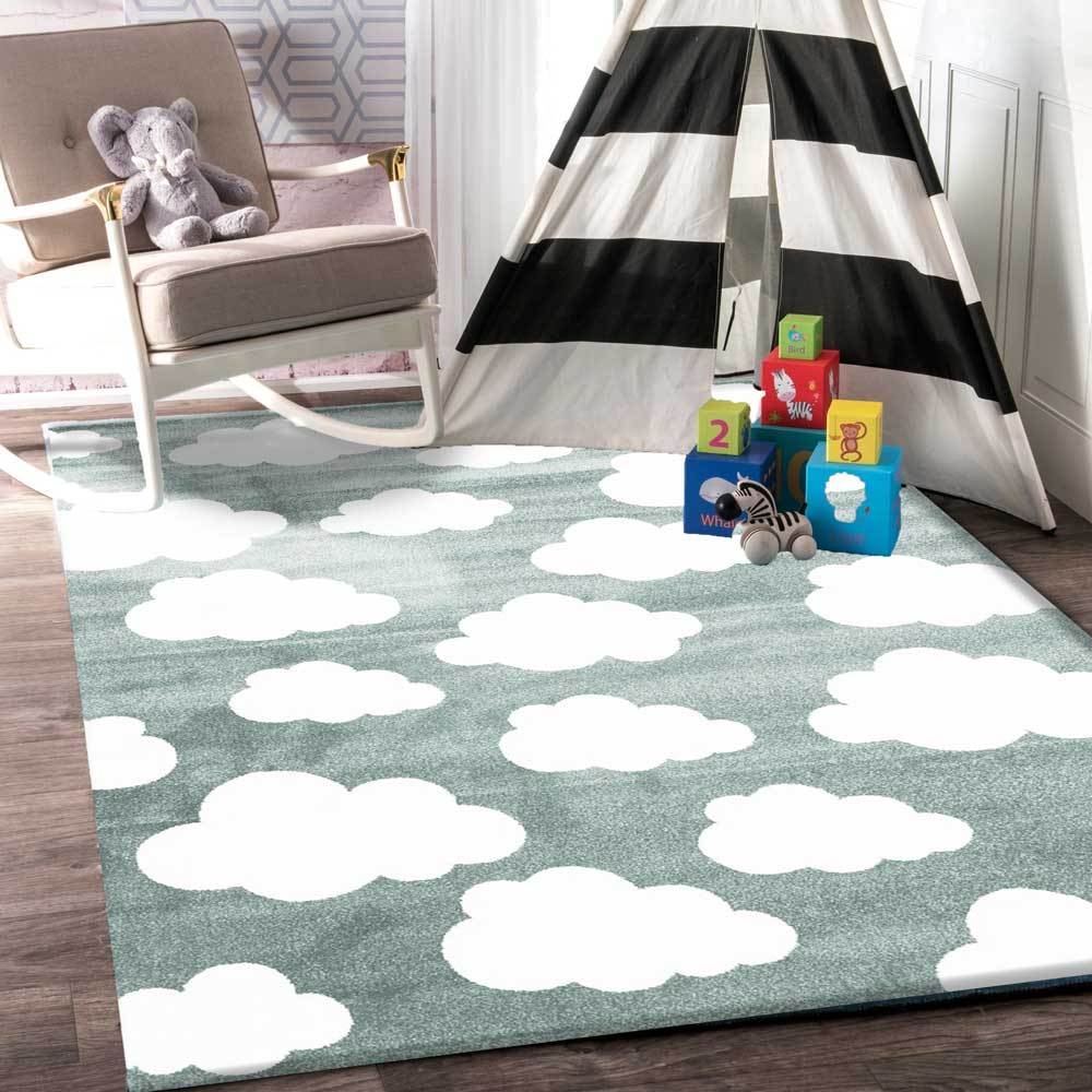 Petit Clouds Aqua and White Kid Rug, soft and playful floor decor for childrens room.