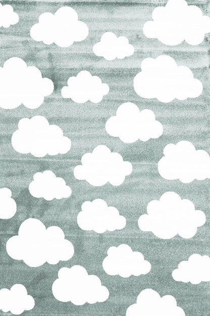 Kids rug in aqua and white featuring whimsical cloud design for playful bedroom decor.