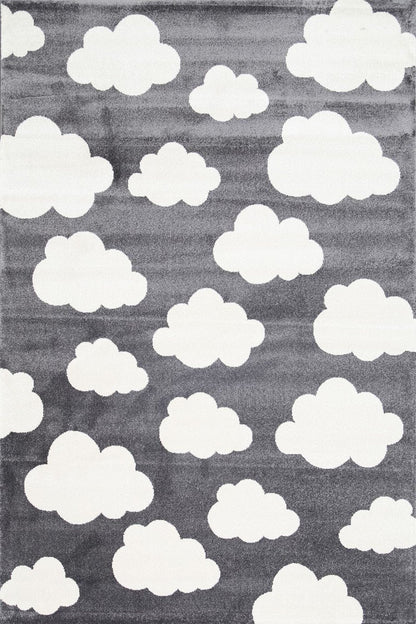 Petit Clouds Dark Grey and White Kid Rug - Ultra-soft, whimsical rug perfect for childrens rooms.