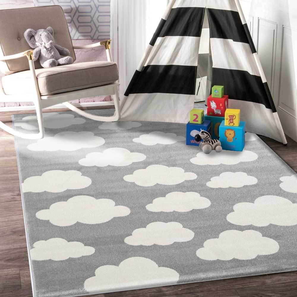 Petit Clouds Grey and White Kid Rug - Soft and stylish clouds pattern for kids rooms.