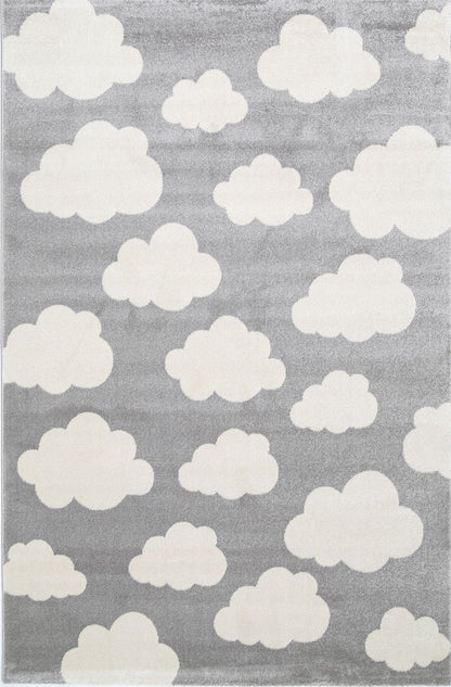 Petit Clouds Grey and White Kid Rug, soft and whimsical, ideal for childrens bedroom decor.