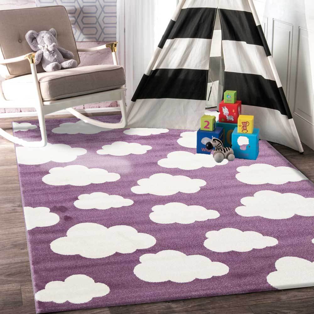 Pink and white kid rug with soft clouds design, ideal for whimsical playroom decor.