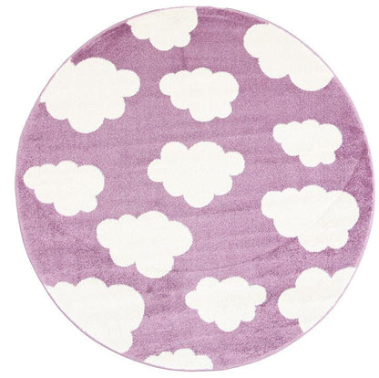 Whimsical pink and white cloud-shaped kid rug for cozy playroom decor.