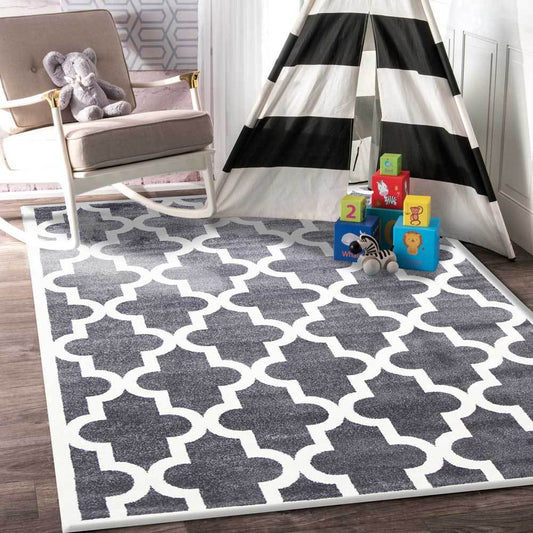 Petit Lattice Grey and White Kids Rug | Soft, durable rug for playrooms and bedrooms.