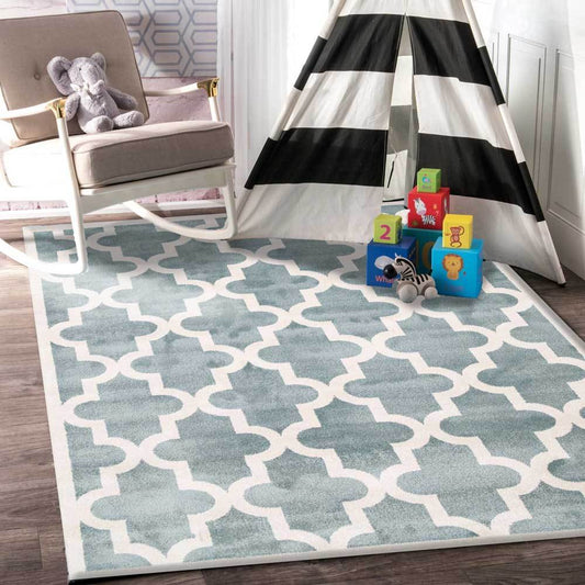 Petit Lattice Light Blue and White Kids Rug for charming and cozy childrens bedroom decor.