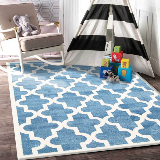 Blue and white lattice kids rug featuring adorable design. Perfect for playrooms and nurseries.