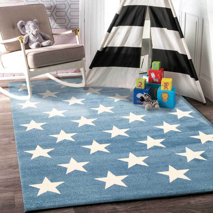 Blue and white starry kids rug perfect for playrooms or bedrooms decoratively.