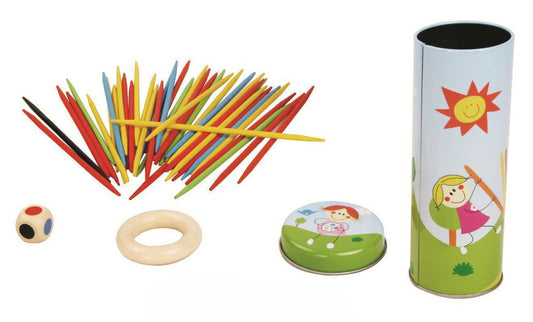 Colorful Pick Up Sticks Mikado game in tin for kids fun and skill-building at home.