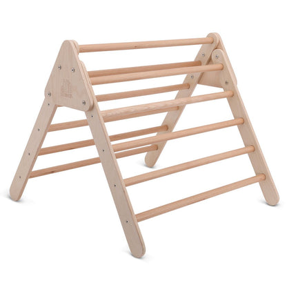 Kids natural wood climbing frame with slide for fun indoor play at home.