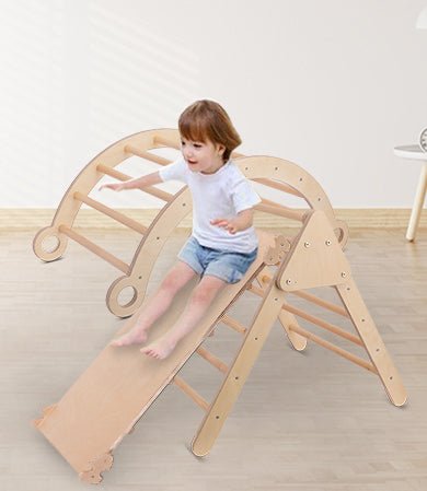 Pikler Kids Climbing Frame Set with Slide | Natural Wood Play Equipment for Indoor Fun