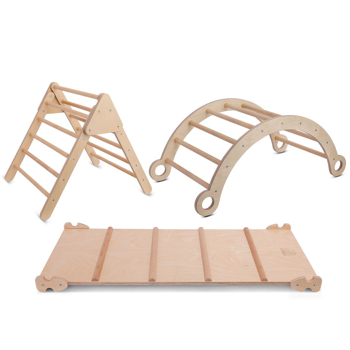 Pikler Kids Climbing Frame Set with Slide, natural wood play equipment for active indoor fun