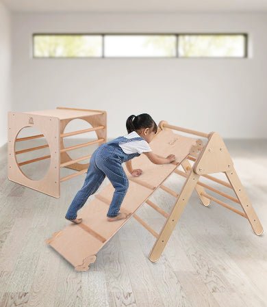 Wooden climbing frame set with slide for toddlers and kids, perfect for active indoor play