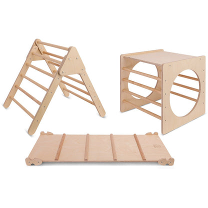 Pikler Wooden Climbing Frame Set with Slide for Toddlers and Kids. Safe and fun indoor play solution.