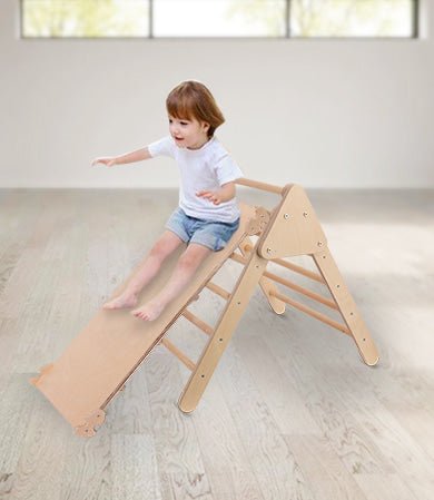 Pikler kids climbing frame set with slide and triangle for active play at home.