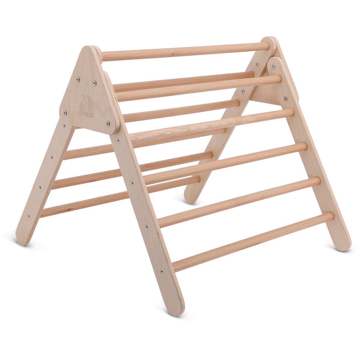 Kids wooden Pikler triangle climbing frame, ideal for indoor play and active exploration.