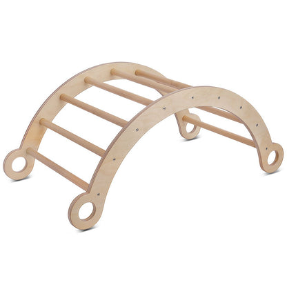 Kid-friendly Pikler wooden climbing arch encourages active play for toddlers at home.