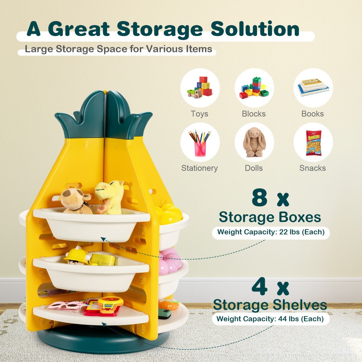 360° Revolving Pineapple Organizer - Kids Shelf with Storage Bins