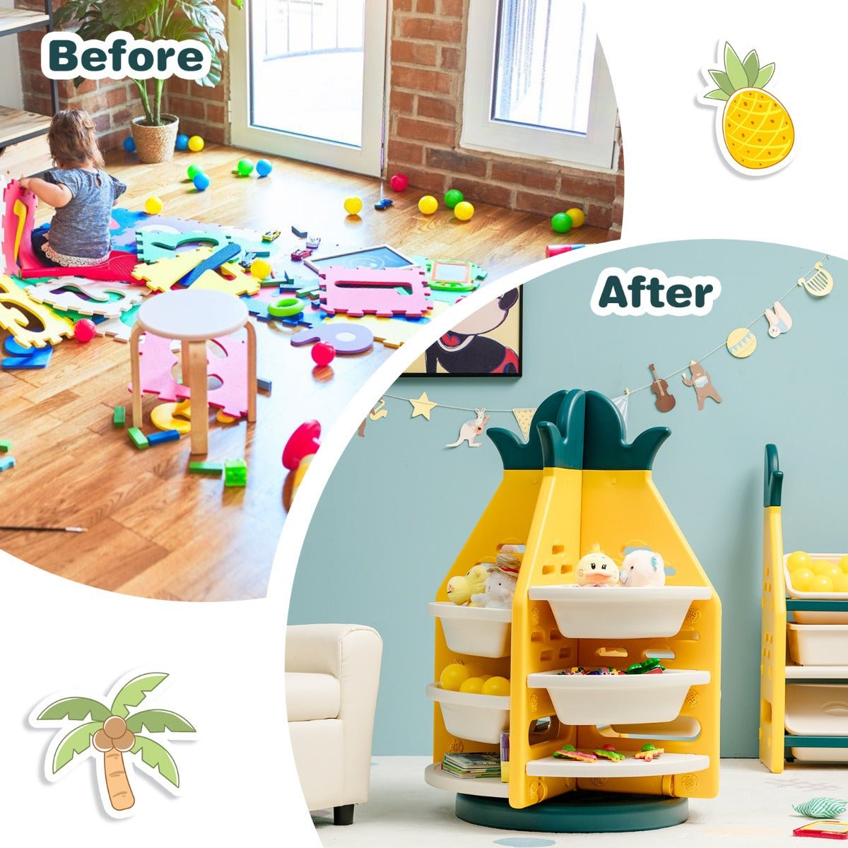 Pineapple Kids Shelf - 360° Rotating Storage with Plastic Bins