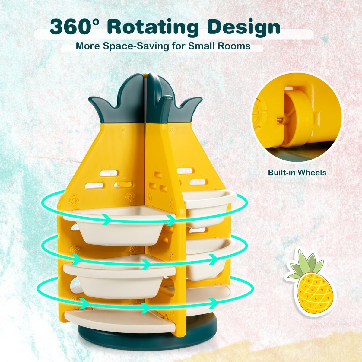 Pineapple Kids Shelf - 360° Revolving with Playful Plastic Bins