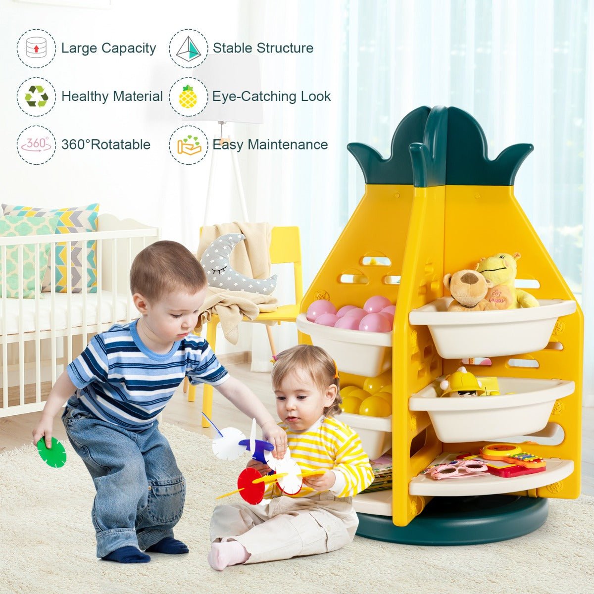 Kids Pineapple Organizer - 360° Revolving Shelf and Plastic Bins