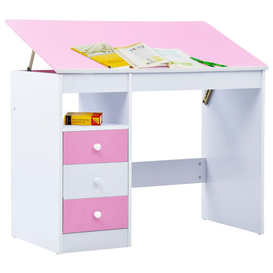 Adjustable pink and white study desk with storage for kids educational activities at home.